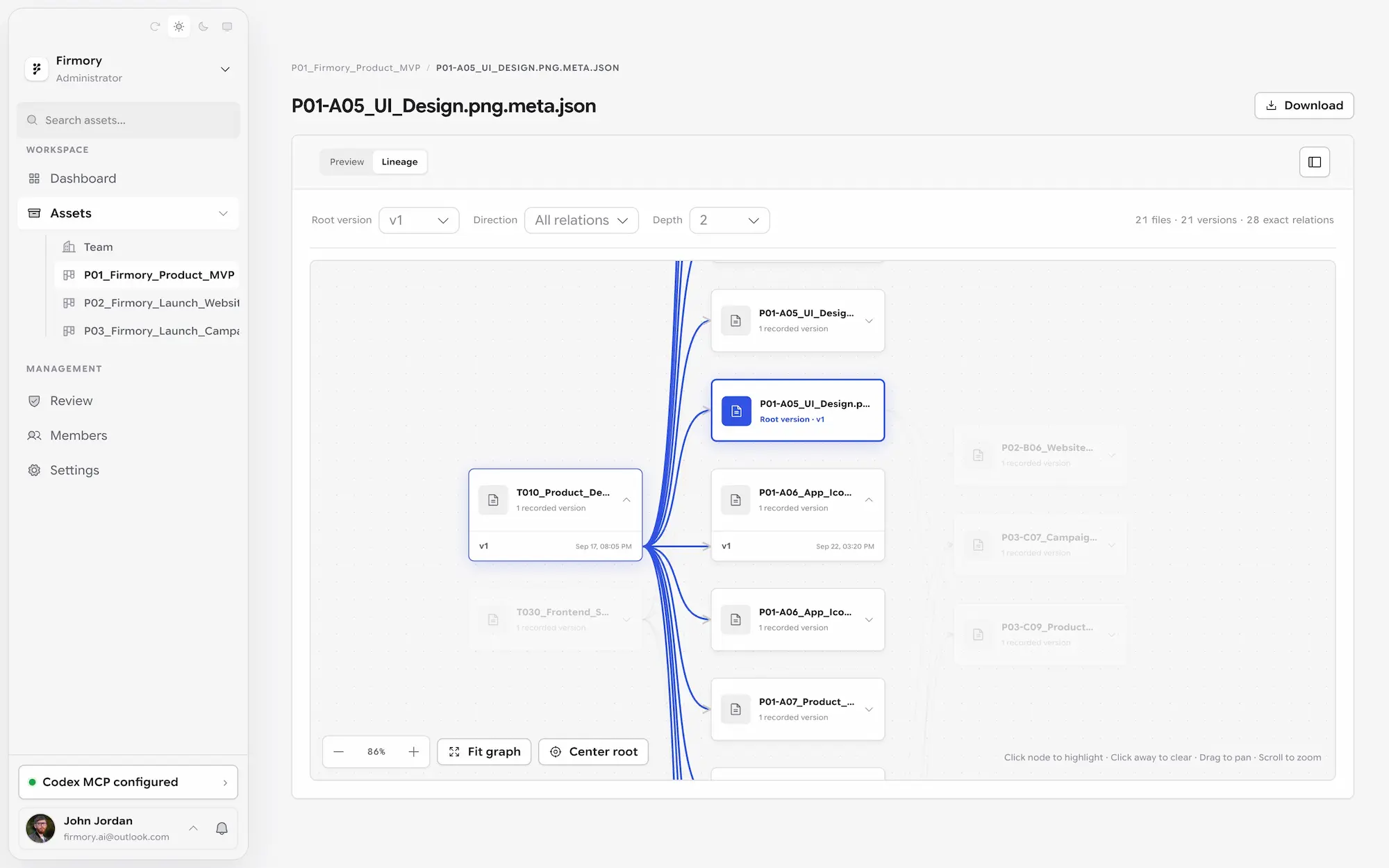 Firmory dashboard showing team activity, projects, members, and shared files.